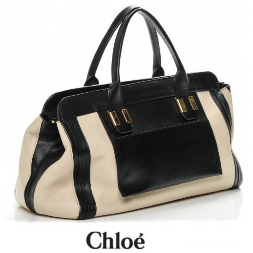 CHLOE Alicia Black Cream Leather Gold Hardware Extra Large Duffel Tote Satchel